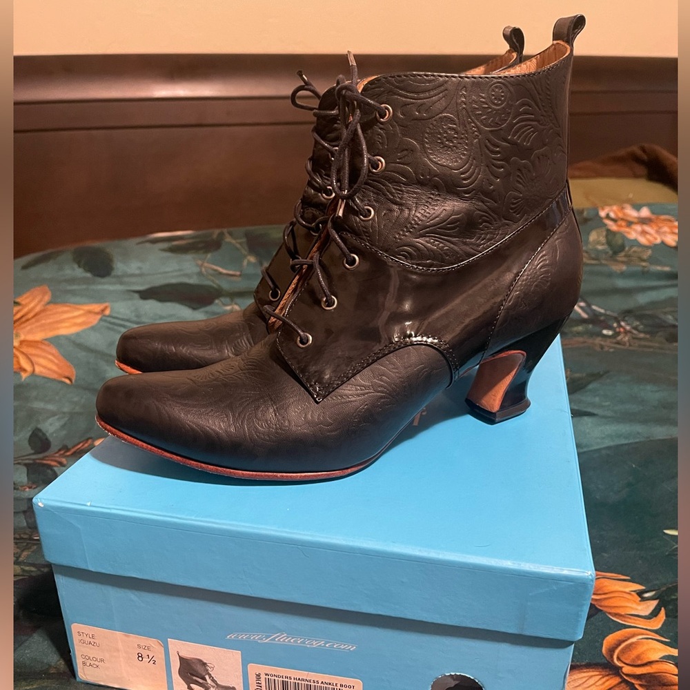 Fluevog Iguazu Black Embossed Lace-Up Ankle Boots